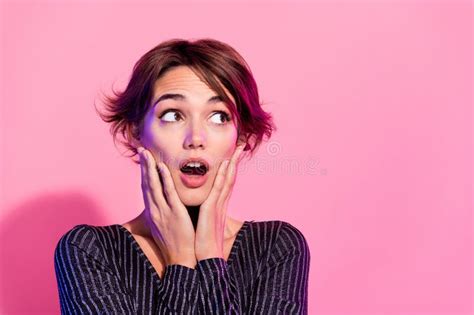 Photo Of Shocked Impressed Lady Wear Glamour Outfit Arms Cheeks Looking