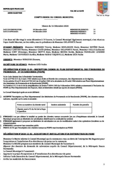 Compte rendu du conseil municipal du 16 décembre Val de la Haye