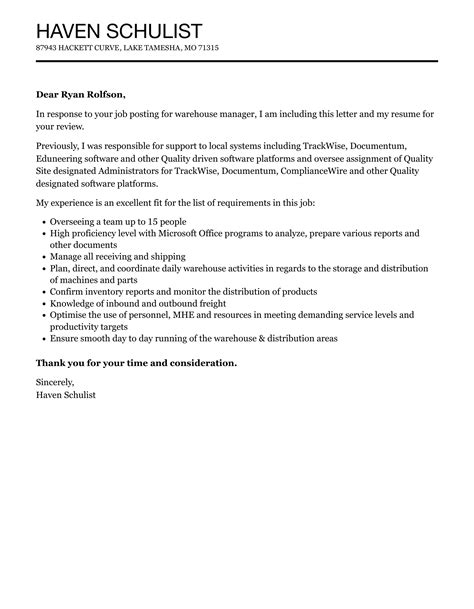 Warehouse Manager Cover Letter Velvet Jobs