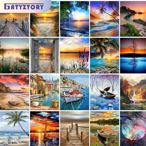 Gatyztory Diy Pintura Por N Meros Paisagem De Praia Tinta Acr Lica