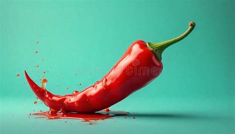 vibrant red chili pepper  dripping fluid  teal backdrop stock