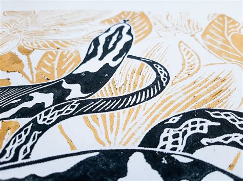 Black And Gold Floral Snake Original Linocut Print Reptile Etsy