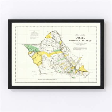 Oahu Map 1881 Old Map of Oahu Art Vintage Print Framed Wall Art Canvas Portrait History Travel ...