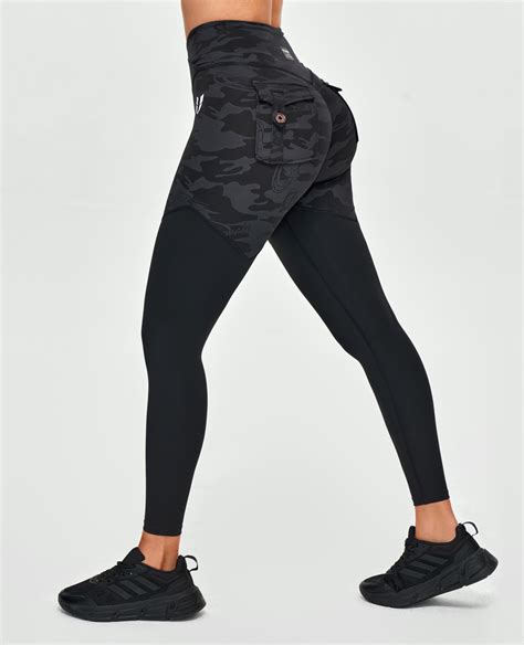 V Waist Gym Leggings Black Gray Camo Firm Abs