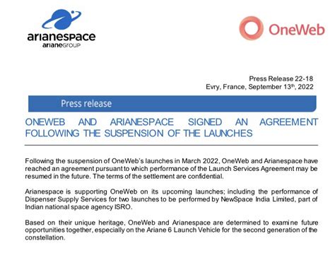 Michael Sheetz On Twitter OneWeb And Arianespace Reach An Agreement