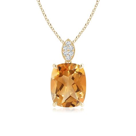 Cushion Citrine Pendant With Diamond Leaf Bale Angara