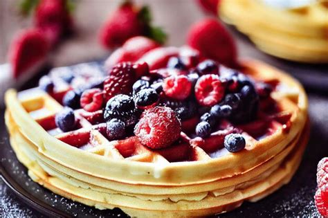 Premium Photo Homemade Lush Belgian Waffles With Raspberries And