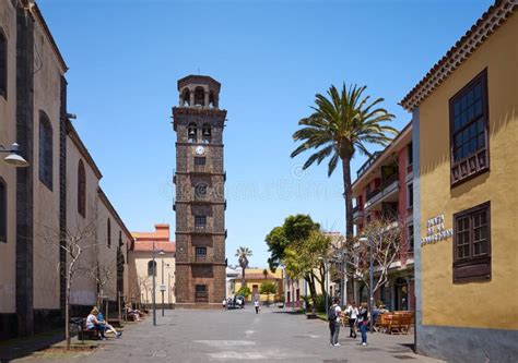 Street of La Laguna Old Town with the Tower of Church of the Immaculate ...