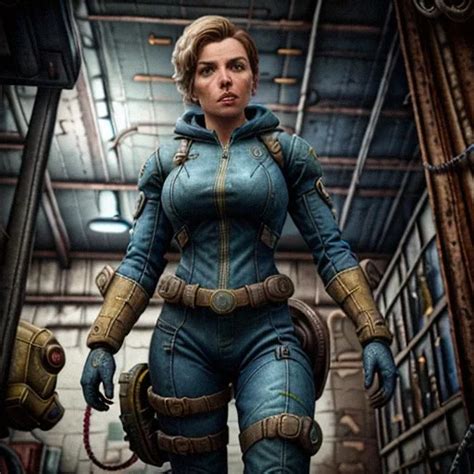 Fallout Game Female Vault Dweller With Opened Blue Vault Suit Looking