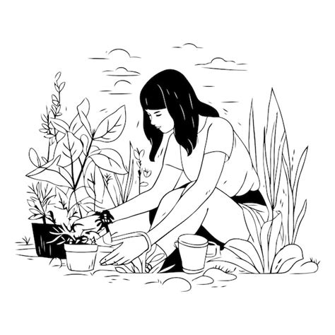 Mujer plantando una planta en el jardín en estilo boceto Vector Premium