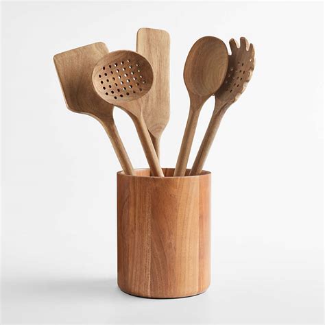 Crate Barrel Tondo Utensil Holder With Set Of 5 Acacia Wood Utensils