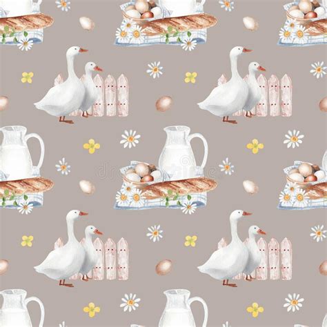 Watercolor Hand Drawn Rural Seamless Pattern With Hen Goose And Eggs