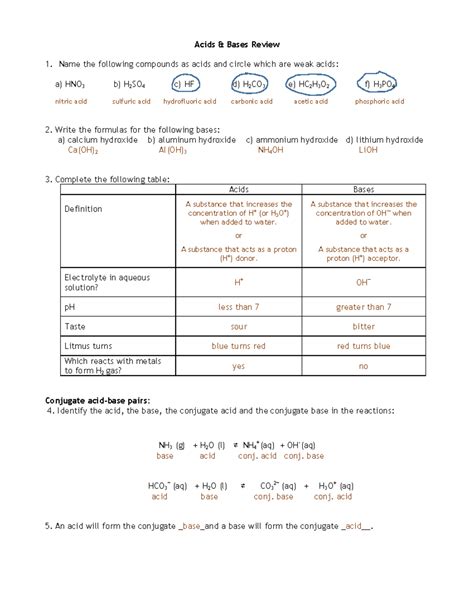 Properties Of Acid And Bases Worksheets