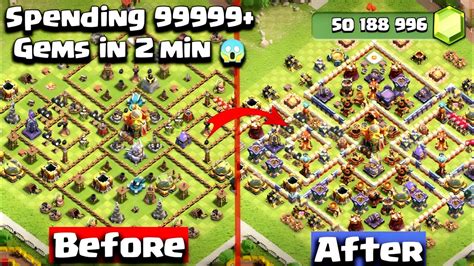 Level 1 To Max Base In 2 Minutes Spending 99999 Gems Clash Of Clans Youtube