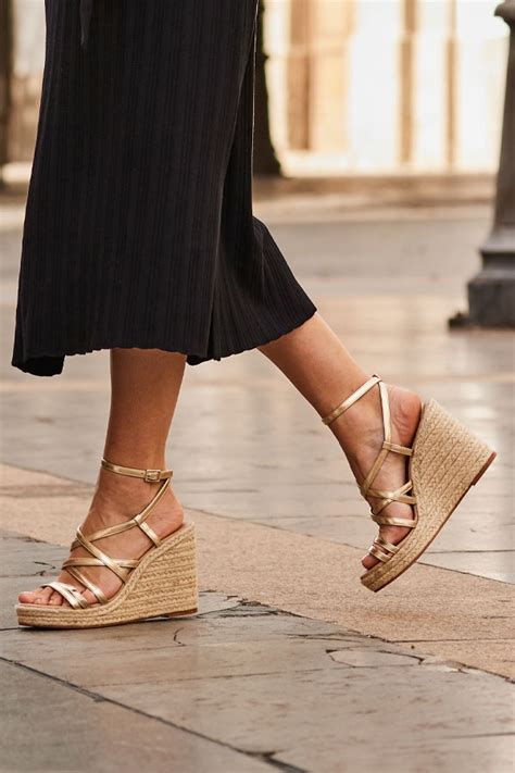 Zaria Champagne Gold Leather Strappy Wedge Espadrille