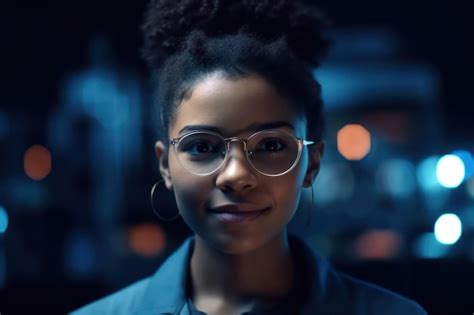 Hermosa Mujer Latina Negra Con Gafas Sonriendo Encantadoramente Mirando A La C Mara Joven