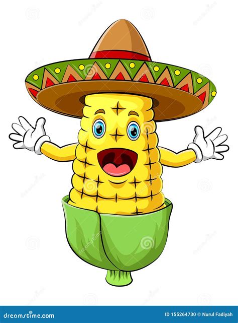 Happy Corn With Sombrero Cartoon Character Stock Vector Illustration