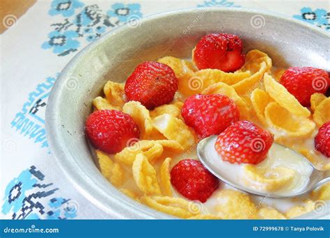 Cornflakes With Milk And Strawberries Stock Photo Image Of Closeup