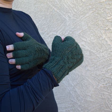 Men S Knit Fingerless Gloves Forest Green Knitted Mittens Etsy