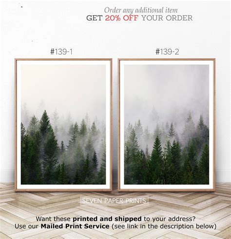 Forest Print Nature Wall Art Foggy Autumn Poster Set Green Etsy