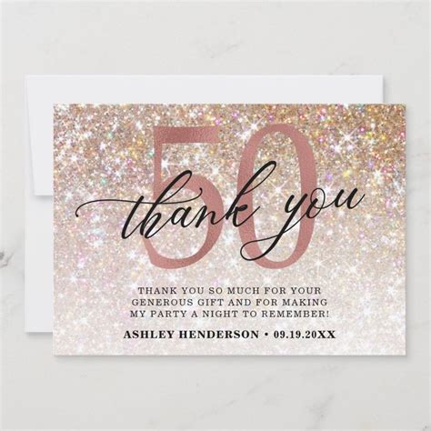 The Pink And Gold Glitter 50th Birthday Thank Card Is Displayed On A