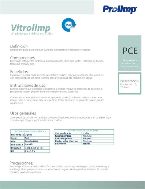 Ficha técnica Vitrolimp PLEC Definición Limpiador líquido para