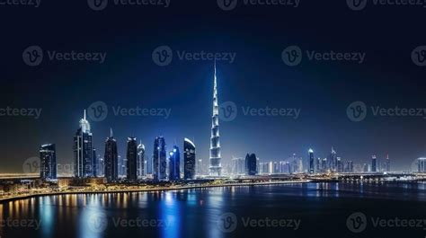 Amazing Panoramic View Of Dubai Cityscape At Night With Lights