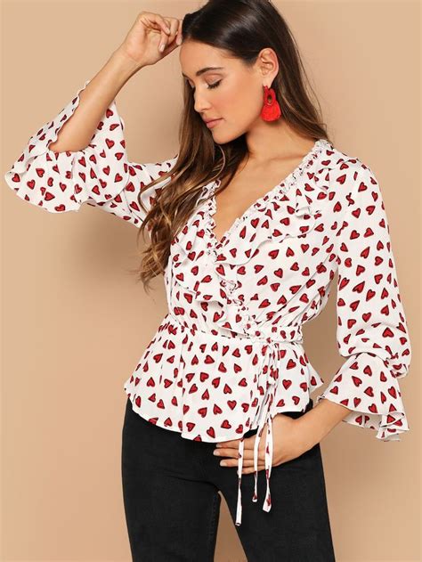 SHEIN Heart Print Ruffle Trim Wrap Top Women White Blouse Blouses