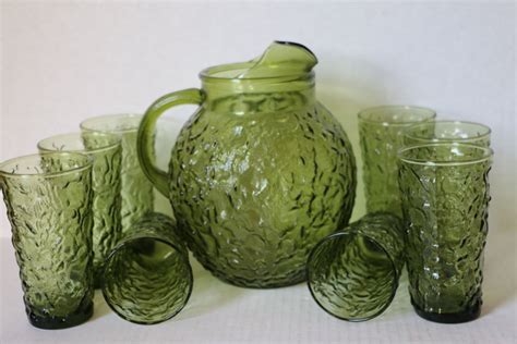 Anchor Hocking Lido Milano Pitcher With 8 Glasses Mid Century Glassware