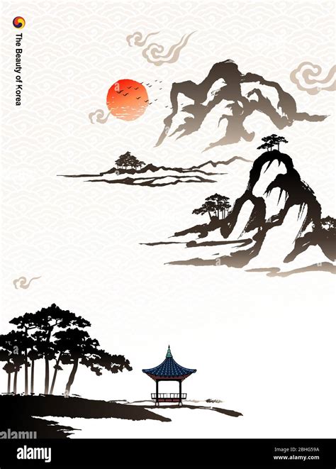 Beautiful Korea, mountains, trees, houses, calligraphy brush painting ...