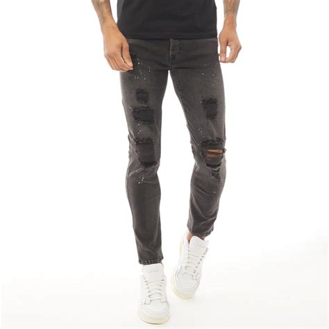 Mens Jeans Tapered Slim Black Paint Splatter Ripped Distressed Denim