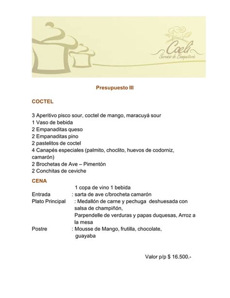 Presupuestos Cena Banqueteria Caeli PDF Descarga Gratuita