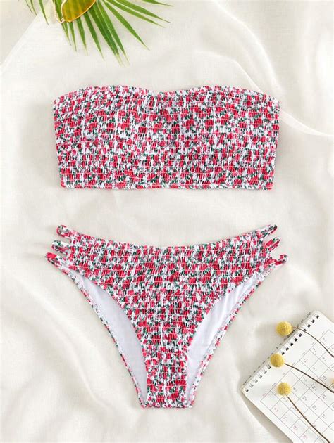 Ditsy Floral Print Smocked Bandeau Bikini Set Shein Usa