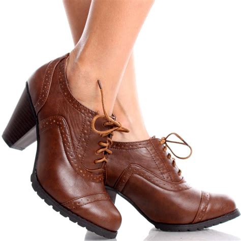 Brown Lace Up Victorian Oxford Women Chunky High Heel Platform Shoes