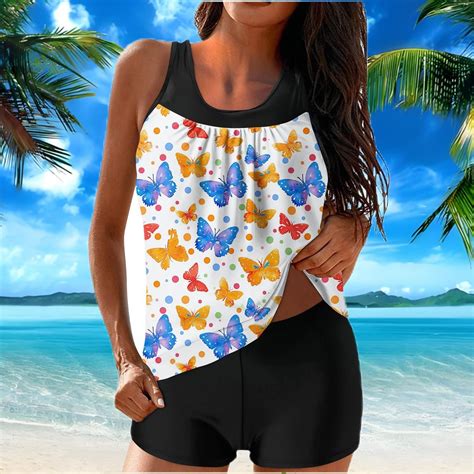OIUUAK Women S Spring Summer Print With Breast Top Two Piece Bikini Set Scoop Neck Bikini Top