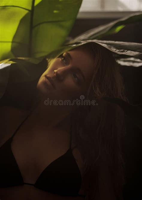 Blonde In A Black Bikini Poses In The Shade Of Palm Leaves Stock Image Image Of Travel Shower