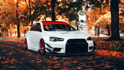 mitsubishi lancer evolution  autumn  wallpaper