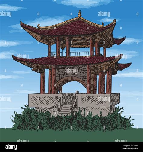 Chinese Traditional Pagoda With Double Tiled Roof Quick Line Art