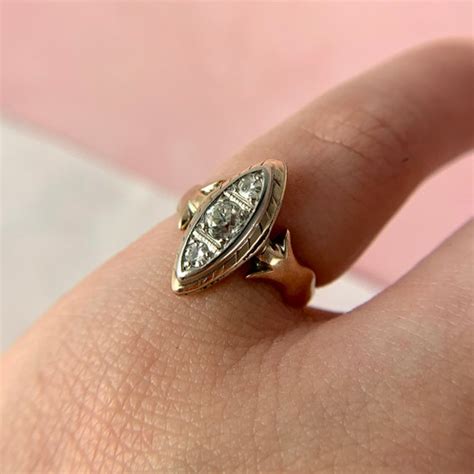 14k Gold Diamond Victorian Style Marquise Shaped Ring Gem