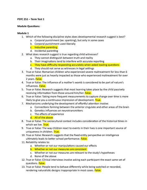 Psyc Term Test Practice Questions Psyc Term Test Module