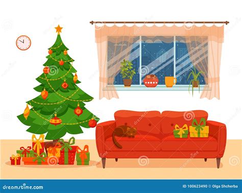 Christmas Room Interior In Colorful Cartoon Flat Style Stock Vector