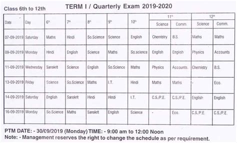 Exam Time Table Class 6 To 12 SHRI VAISHNAV KANYA VIDYALAYA