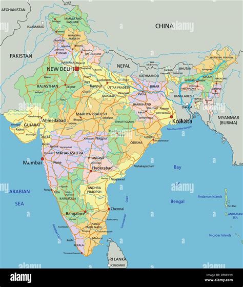 India Highly Detailed Editable Political Map With Labeling Stock