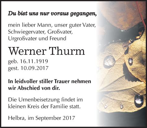 Traueranzeigen Von Werner Thurm Abschied Nehmen De