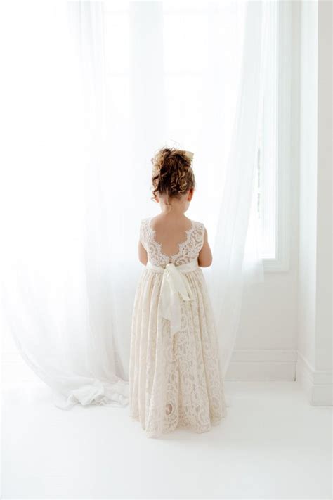 Boho Lace Flower Girl Dress Cream Tulle Wedding Dress Beach Wedding