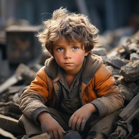 Premium AI Image | a starving child in the ruins