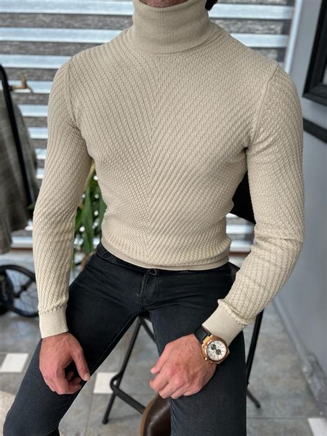 Beige Slim Fit Turtleneck Sweater For Men By