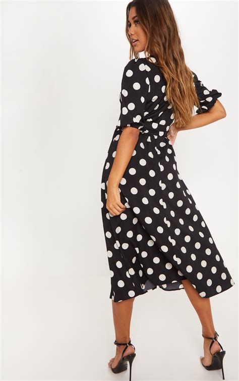 Black Polka Dot Short Sleeve Skater Midi Dress Prettylittlething Aus