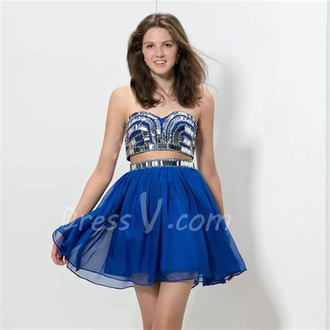 Royal Blue Two Pieces Cocktail Dresses 2017 Sweetheart Silver Sequins Beaded Top Sexy Banquet