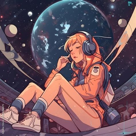 Beautiful Cute Anime Girl Floating In Space Listening To Music In Her Headphones Manga Style